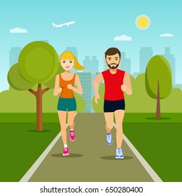 Cheerful couple friends running in park. Vector flat illustration