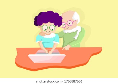 Cheerful couple Grandparent learning computer and technology. Vector flat concept and cartoon design