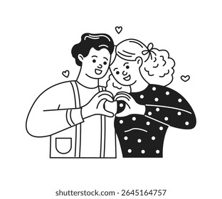 A cheerful couple in love form a heart with their hands. They are smiling warmly. Black and white illustration with playful elements. Perfect for romantic themes.