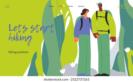 Cheerful couple of male and female holding their hands on nature background. Hiking active tourists, trekking and backpacking. Vector illustration. Landing page, website banner template.