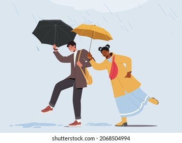 Cheerful Couple Man and Woman Walking in Rainy Autumn under Umbrellas. People Jumping over Puddles, Male and Female Characters got at Rain, Weather Forecast. Cartoon Vector Illustration