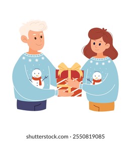 A cheerful couple in matching festive sweaters exchanging a beautifully wrapped gift. Perfect for themes of Christmas, holidays, celebration, and togetherness. Flat cartoon style illustration.