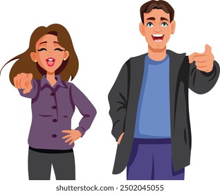 
Cheerful Couple Pointing to the Camera Vector Cartoon. Happy parents laughing while checking out something funny
