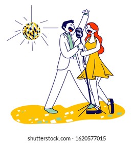 Cheerful Couple Singing Song with Microphones in Karaoke Bar or Nightclub with Stroboscope. Weekend Sparetime, Creative Hobby, Corporate Party Celebration. Cartoon Flat Vector Illustration, Line Art