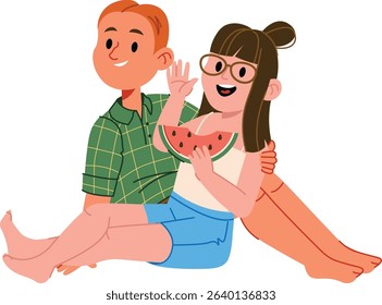 A cheerful couple sits together with a watermelon slice in a playful cartoon style. Two friends relax while sharing fruit and smiling warmly. Cartoon vector illustration.