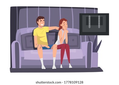 Cheerful Couple Sitting on Sofa and Watching TV, Young Man and Woman Spending Time Together at Home Vector Illustration