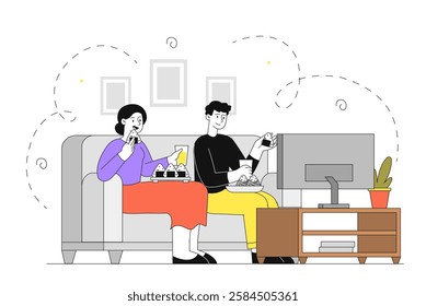 A cheerful couple sitting on a sofa, eating onigiri, and drinking juice while watching TV. The scene is set in a cozy home environment