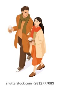 A cheerful couple strolls together holding hot coffee cups and wearing cozy seasonal clothing. Ideal for lifestyle ads, cafe promotions, posters, packaging, and web design.