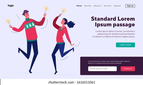Cheerful couple in sweaters celebrating Christmas. People holding Bengal lights flat vector illustration. Christmas and New Year celebration concept for banner, website design or landing web page