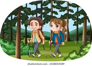 A cheerful couple is taking a leisurely stroll through a lush forest