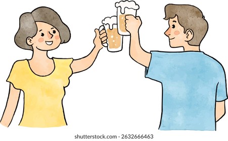 brinde casal alegre com copos de cerveja, comemorando e desfrutando de um momento social relaxado. Esta ilustração é perfeita para temas de amizade, festas, celebrações, happy hour.
