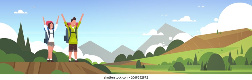 Cheerful Couple Of Tourists With Backpacks Over Beautiful Nature Landscape Background Man And Woman Hiking