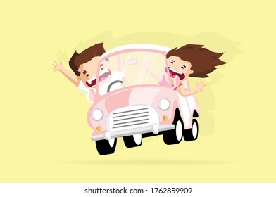 Cheerful couple traveler put hands up and smile when drive car ,Vector flat  concept and cartoon design