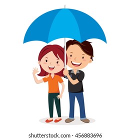 Cheerful couple with umbrella. Vector illustration of lovely couple holding a blue umbrella.