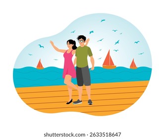A cheerful couple walking along a seaside boardwalk with colorful sailboats and birds in the background. Couples walking together concept.