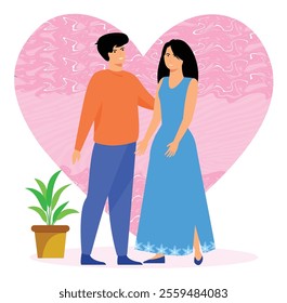 Cheerful couple in a warm embrace, standing in front of a large heart-shaped design, symbolizing love and affection. Flat vector modern illustration 