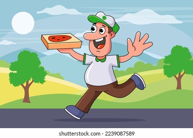 cheerful courier runs with a box of pizza for his client. fast delivery from the bakery. flat vector illustration.