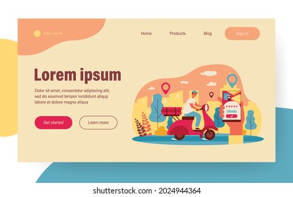 Cheerful couriers riding scooter and delivering parcels. Hand with cell, map pointers, city flat vector illustration. Shipping, application concept for banner, website design or landing web page