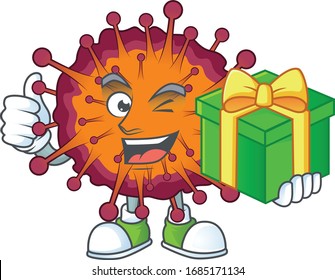 Cheerful COVID19 syndrome cartoon character holding a gift box