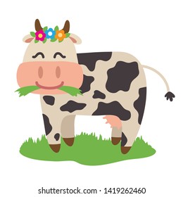 Cheerful cow with flowers on a white background. Vector illustration.