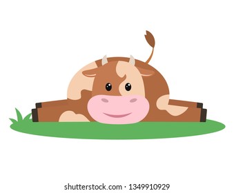 Cheerful cow is lying on the grass. Cute character. Isolated vector illustration
