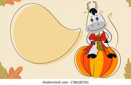 Cheerful cow sitting on a pumpkin.
Vector seamless pattern.