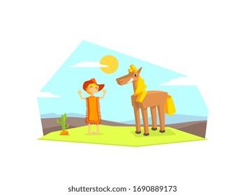 Cheerful Cowboy Character and Horse in Desert Landscape Vector illustration