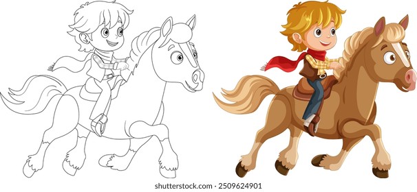 A cheerful cowboy riding a brown horse