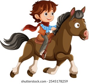 A cheerful cowboy riding a brown horse