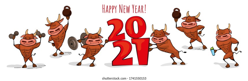 Cheerful cows are holding numbers 2021! New Year banner. The concept of the right lifestyle, sports and fitness, greeting card, calendar.