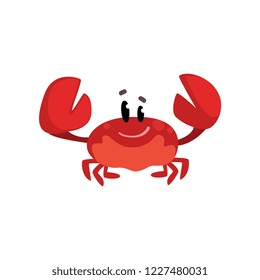 Cheerful crab character with claws raised, cute sea creature with funny face vector Illustration on a white background