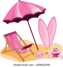 A cheerful crab on the beach, an umbrella, a sunbed and a bottle with a letter.