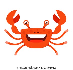 cheerful crab with open mouth on a white background with tentacles raised upwards. character vector illustration