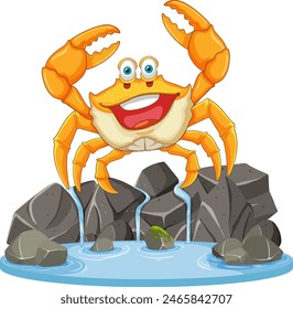 Cheerful crab standing on rocks by water