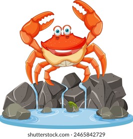 Cheerful crab standing on rocks by water