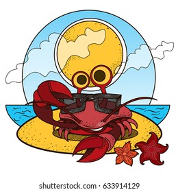 A cheerful crab in sunglasses on the beach. Illustration for thematic publications and the design of objects.