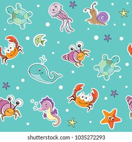 cheerful crab, turtle, seahorse, starfish seamless pattern on a blue background