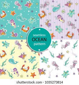cheerful crab, turtle, seahorse, starfish seamless pattern collection