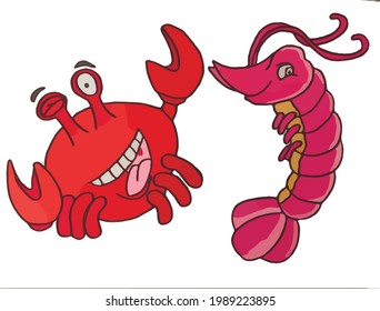 cheerful crab winks at a beautiful shrimp. crab and shrimp friends