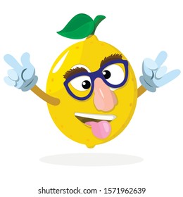 Cheerful crazy character lemon in a funny mask waves his hands.