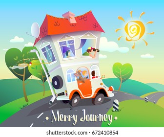 Cheerful creative cartoon illustration on autotravel. A bright, stylized image of a house on wheels with an amusing family that rides along the road against the backdrop of a summer landscape