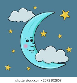 A cheerful crescent moon surrounded by fluffy clouds and stars. Perfect for children's products and nursery decorating.