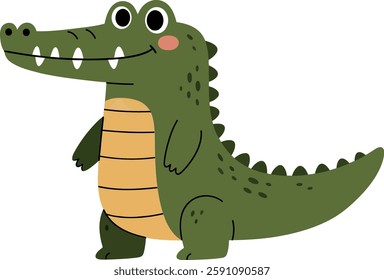 A cheerful crocodile character stands with a friendly smile, showcasing its vibrant green color and playful design in a minimalistic style.