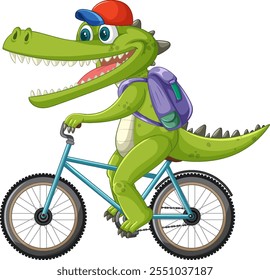 Un alegre cocodrilo en bicicleta con una mochila