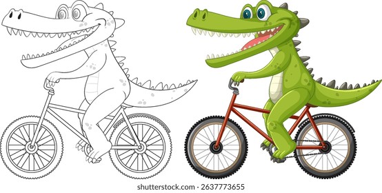 A cheerful crocodile cycling on a red bike
