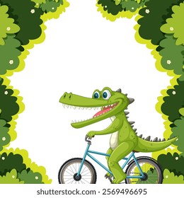 A cheerful crocodile cycling through lush greenery