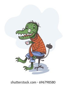 A cheerful crocodile is drinking tea. Vector illustration