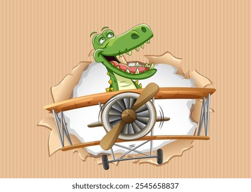 Cheerful crocodile flying a classic wooden airplane