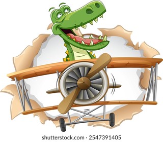 Cheerful crocodile flying a classic wooden airplane