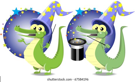 cheerful crocodile holding a magic wand